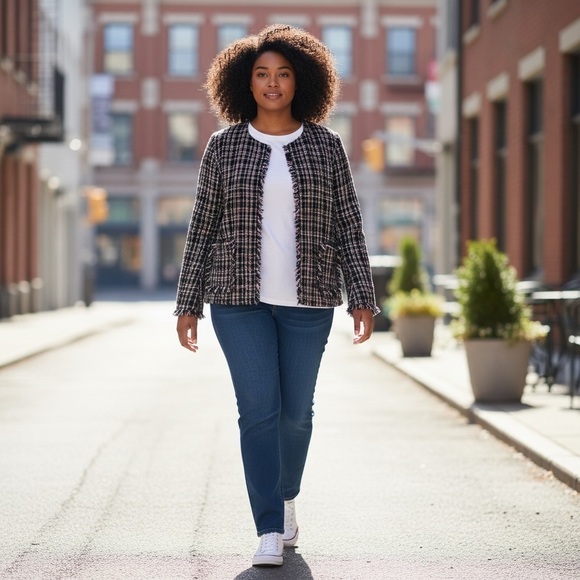 Chico's Tweed Fringe Blazer, Black Lining, with Two Front Pockets - Picture 2 of 12